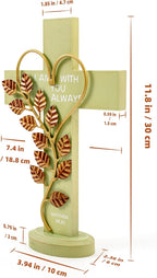 Wooden Wall Cross with Iron Heart Leaf Decorated with Hook and Base Hanging Wall Or Table Cross with Matthew 28:20 For Church Home Room Decoration (Green)