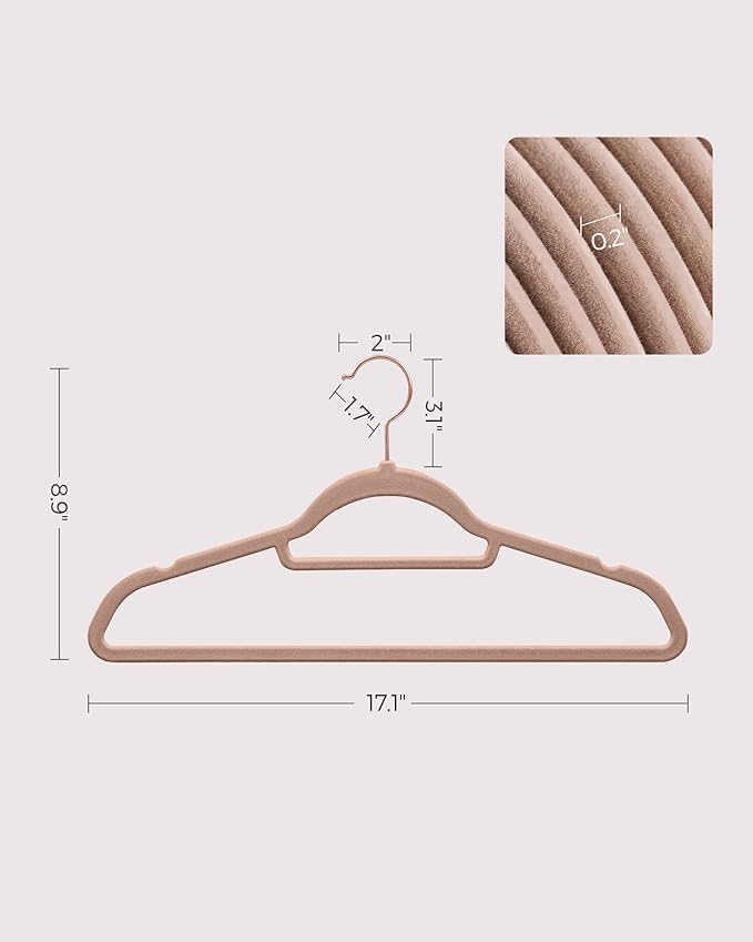 SONGMICS Velvet Hangers, Set of 50 Clothes Hanger with Rose Gold Swivel Hook, Non-Slip, and Space-Saving, 0.2-Inch Thick, 17.1-Inch Long for Coat, Shirt, Dress, Pants, Tie, Caramel Brown UCRF021LB50