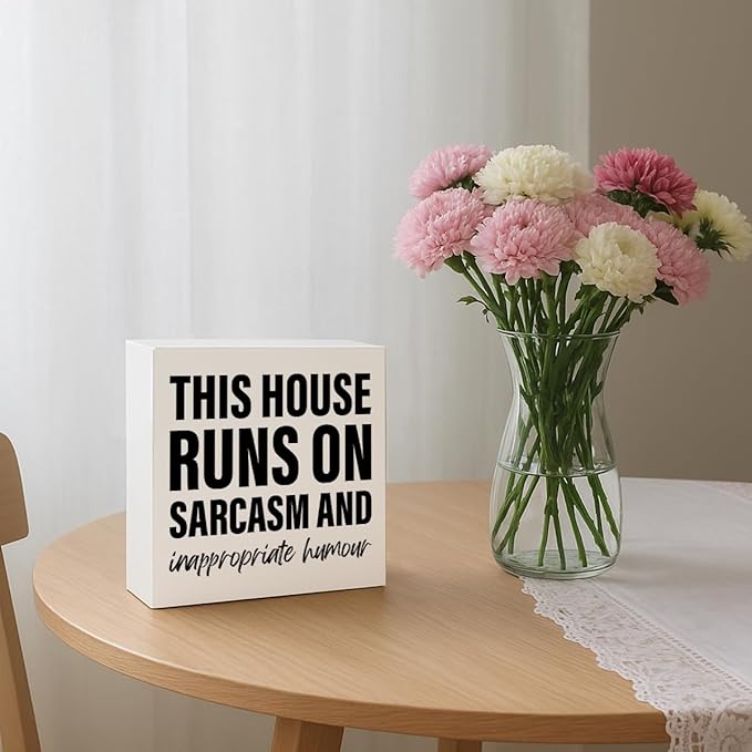 Funny Wood Signs, This House Runs On Sarcasm and Inappropriate Humor Sign, Funny Home Decor, Housewarming Gift, Box Sign Tabletop, Living Room Decor, Hallway Decoration, 5.1x5.1inches