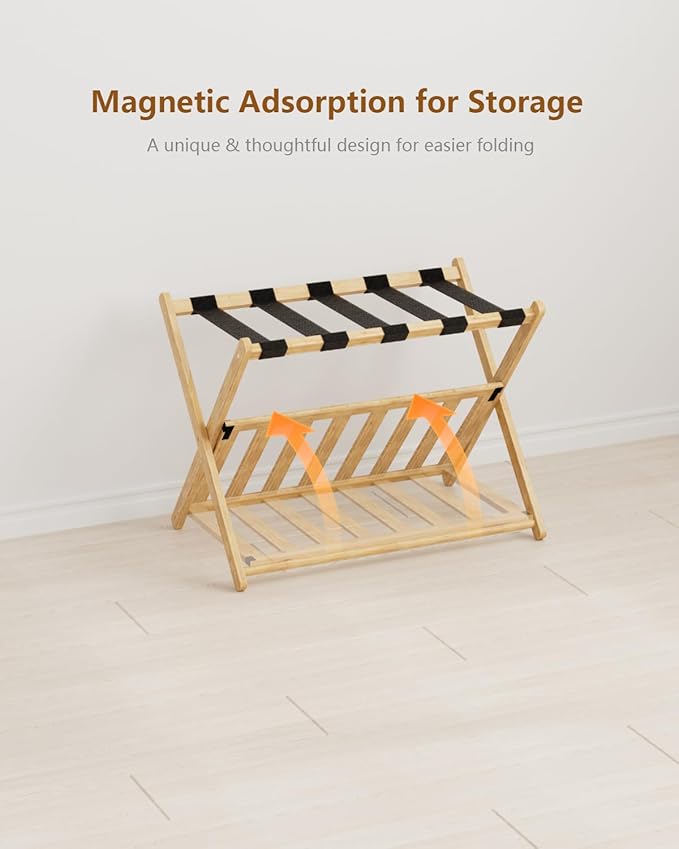 Luggage Racks, Folding Bamboo Suitcase Stand with Storage Shelf and Nylon Straps, Luggage Holders Assembled Suitcase Storage Caddy Holder for Guest Room, Hotel, Bedroom, Natural, Pack of 2