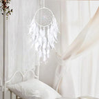 Dremisland White Feathers Dream Catcher Wall Hanging Elegant Wall Art Room Decoration for Windows Balcony Bedroom Wedding Party Gift for Girls and Kids (No Lights)