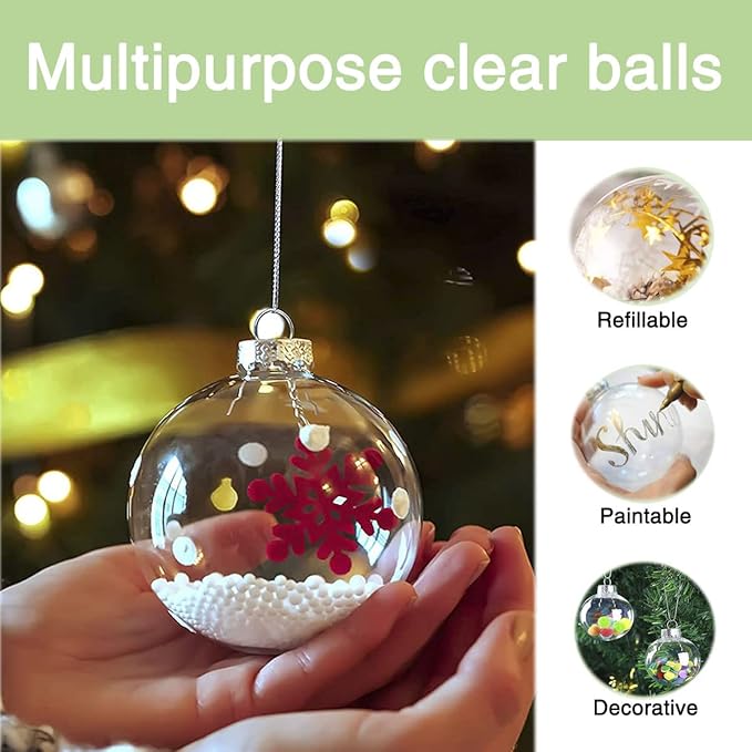 16 pcs Hanging Clear Plastic Fillable Ornaments, 2.36" DIY Christmas Balls Craft Ornaments for Christmas Tree, Halloween and Wedding Birthday Party Decorations, Creative Gifts (60 mm)