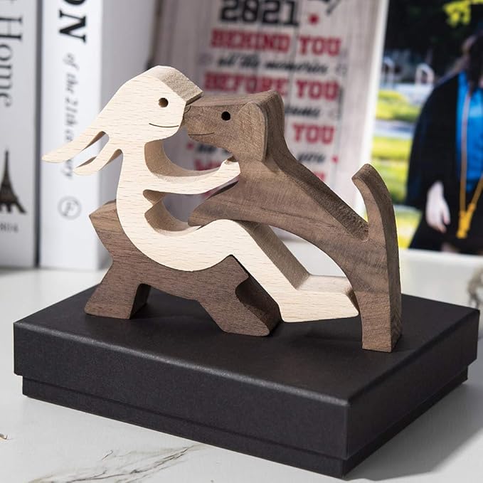 ISHINE Handmade Wooden Statue, Sitting Woman and Dog, Wood Decor Accents Craft Figurine for Bedroom Home Office Shelf Decor Gift Natural ECO Friendly