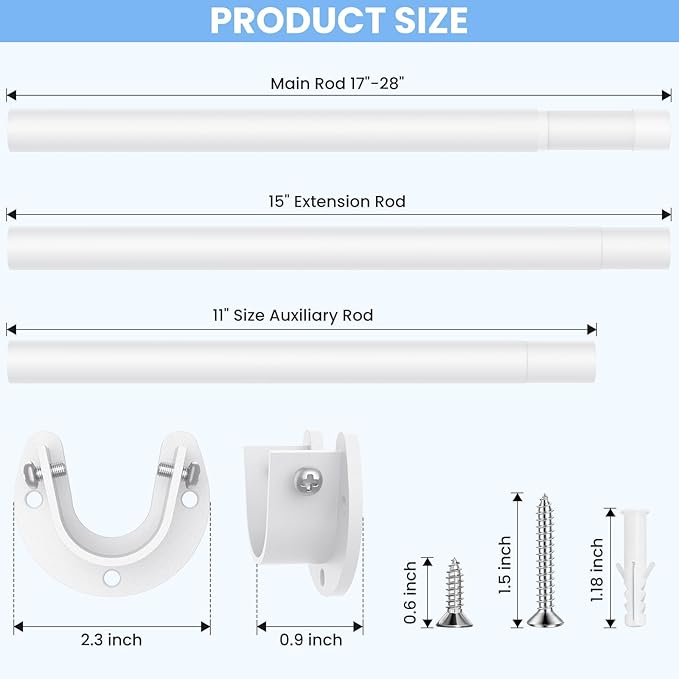2 Pack Closet Rods for Hanging Clothes, 17 to 69 Inch Heavy Duty Stepless Adjustable Closet Hanging Rod, 1.3 Inch Diameter Metal Closet Rod for Wardrobes Laundry Bedroom RV, White