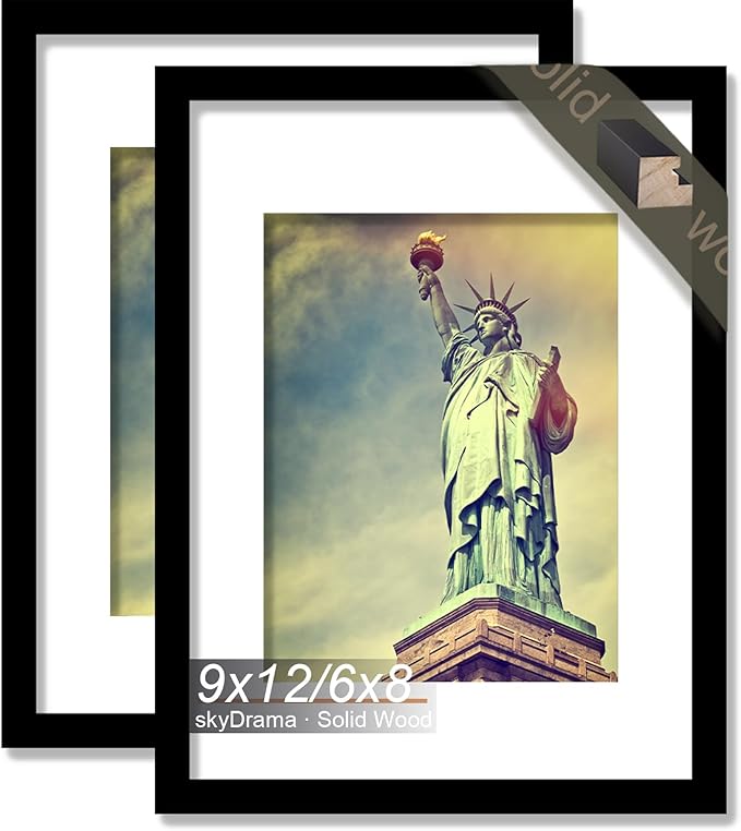 100% Solid Wood 9x12 Picture Frame Set of 2, Black Frame Display Photo 6 x 8 with Mat or 9 x 12 without Mat, 9by12 HQ Matte Black Frame for Wall - 2 Pack/Black/9"x12"