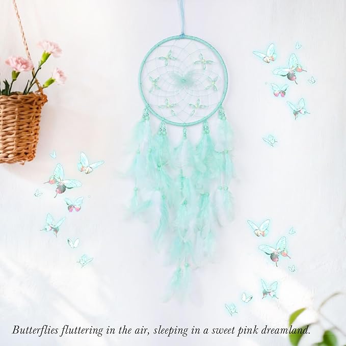 Pretty Jolly Dreamy Girls Butterfly Dream Catcher Wall Decor Fairy Green Feather Baby Dreamcatcher Handmade Home Décor Wall Hanging for Nursery Bedroom Girls Birthday Gift