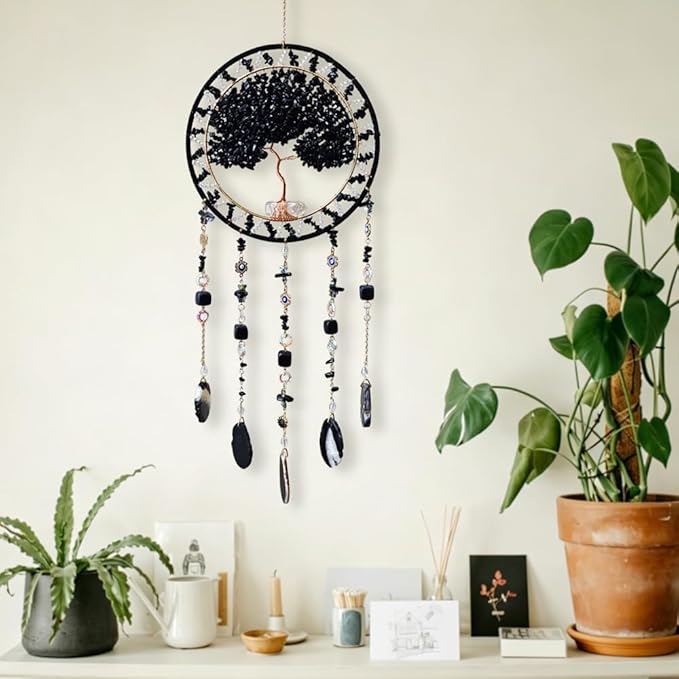 Tree Life Dream Catcher and Sun Catcher, Handmade Healing Crystal Boho Window Hanging for Home Decor, Rainbow Maker Wall Decor, for Women, Housewarming (Black)