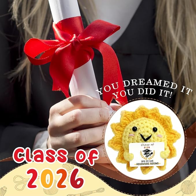 Class of 2026 Graduation Gifts Positive Crochet Sunshine, Emotional Support Crochet Dolls - Graduation Gifts for Friends, Classmate, Son, Daughter | College or Masters Degree Congratulations Present