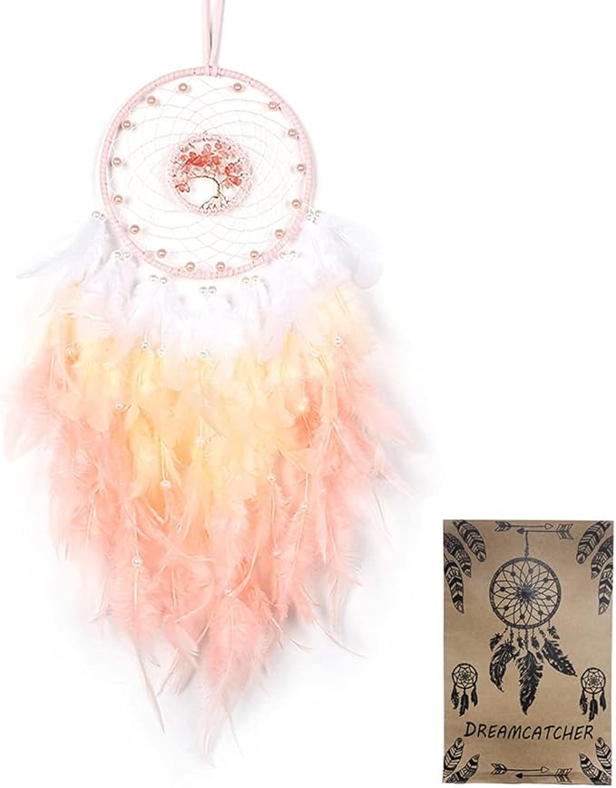Dream Catcher, Handmade Dreamcatcher with Healing Crystal Stone, Tree of Life Dream Catchers Hanging Ornament for Home Bedroom Birthday Party, Perfect Craft Gift for Kids… (Pink)