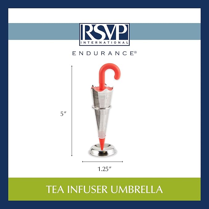 RSVP International Novelty Loose Leaf Tea Infuser/Strainer Includes Drip Stand, Umbrella/Stand, 1.25 x 5"