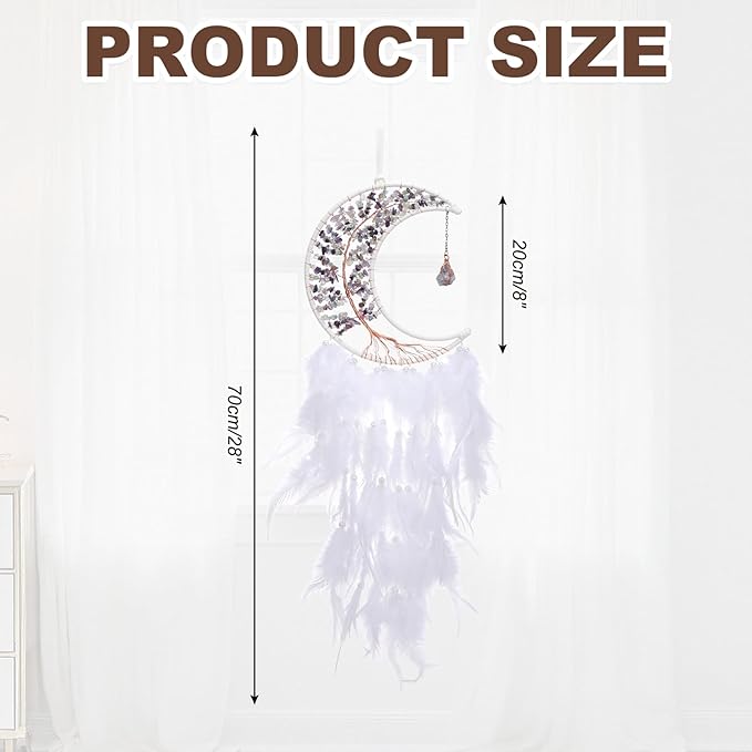 PATIKIL Crystal Life of Tree Dream Catchers, 28 Inch Feather Handmade Moon Dream Catchers with Gemstone Agate Stone Wall Hangings Decor for Home Wedding Bedroom Living Room, White