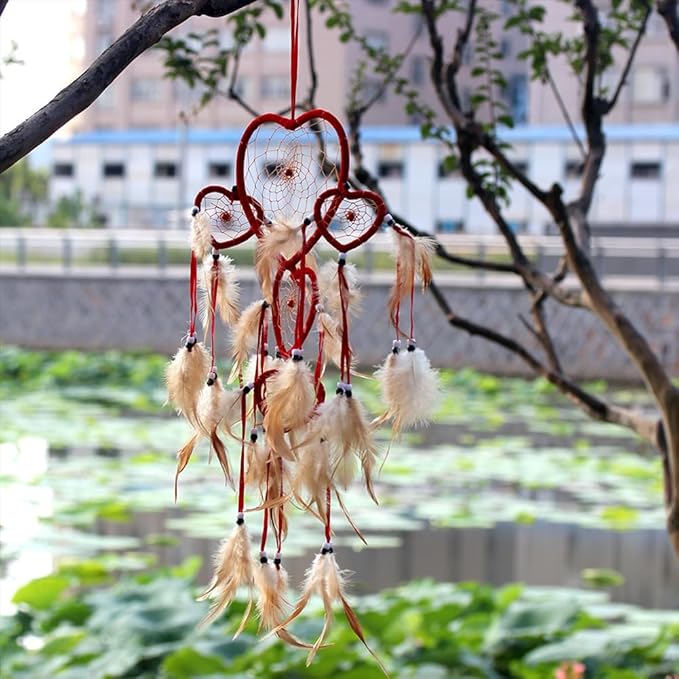 Dream Catcher with Feathers, Heart Shaped Dream Catcher Indians Traditional Love Net Wall Hanging Bedroom Home Car Decor (Red)