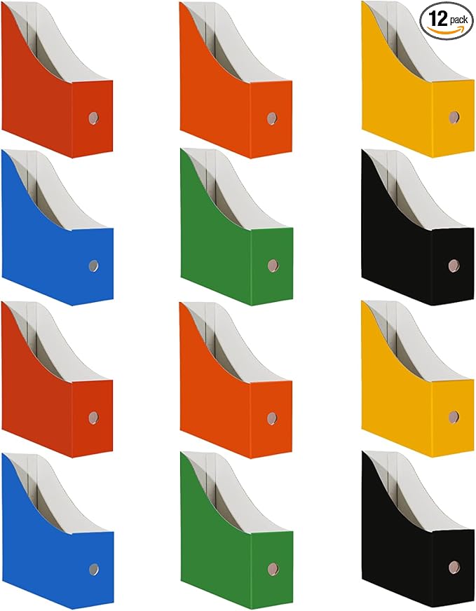 Limitliho 12 Pack Cardboard Magazine File Holder for Desktop, Book Bins for Classroom Library, Office or Home, 10.6" H x 10.2" L x 3.5" W in Cardboard Magazine Holder for Storage with Label(Six Color)