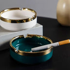 Saim Ceramic Cigar Ashtray for Men - Retro Round Desktop Ash Tray with Gold Edge, Anti-Slip Bottom, for Home Office Patio Outdoor Smoking (White)