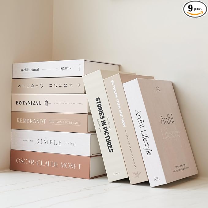 Beautiful Decorative Books - Set of 9 Boxes Enhance Your Coffee Table, Bookshelf or Mantel Shelf Decor - Aesthetic Fake/Faux Books for Modern Home Decoration, Photo Storage and as a Keepsake Box
