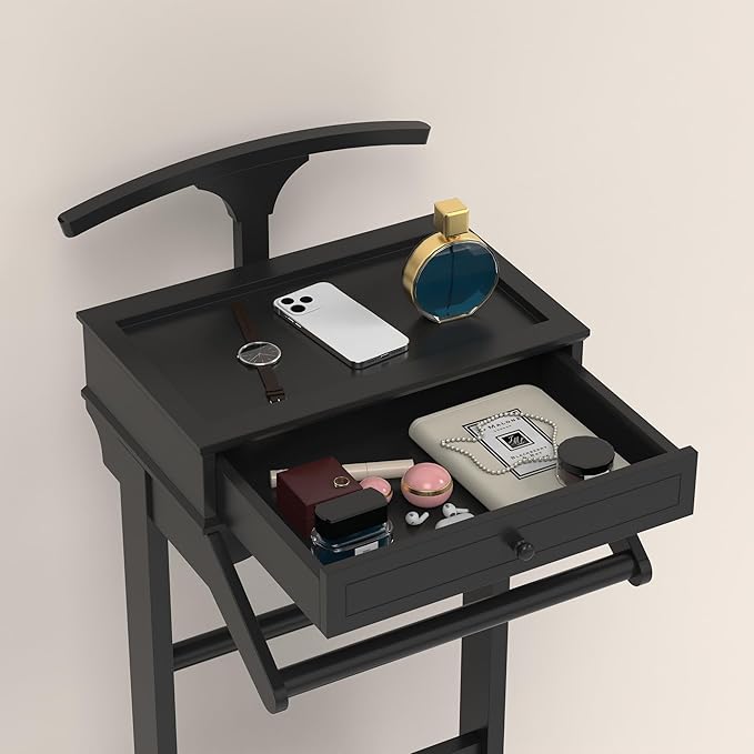 Men's Valet Stand with Tray, Black Wood Clothes Stand, Freestanding Garment Rack Organizer for Enterway, Office, Bedroom