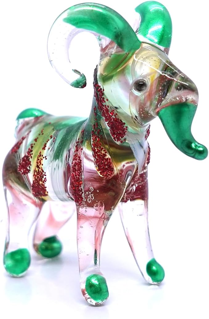 Goat Tiny Figurines Animals Hand Blown Color Glass Art Collectible Gift Home Décor (Red Green)
