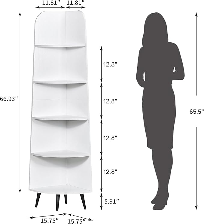 VECELO Large Tall Corner Shelf, 66.93" H 5-Tier Corner Storage Organizer, Freestanding Corner Display Rack for Living Room Bedroom Home Office, White