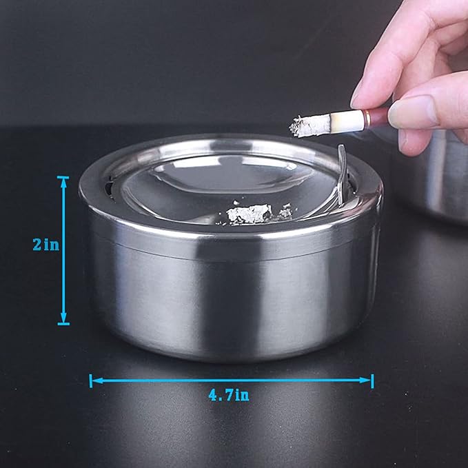 Nescope Stainless Steel Windproof Ashtray with lid Flip Top Ashtray for Indoor or Outdoor Use Ash Holder for Smokers Desktop Smoking Ashtray Home Office Decoration Classic Metal a Lid Ashtreys