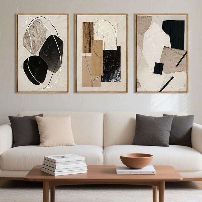 BINCUE Abstract Modern Wall Art Framed Neutral Wall Paintings Elegant Modern Artwork Abstract Neutral Wall Pictures for Living Room Bedroom Bathroom Office 16x24 Inch Set of 3 Gift