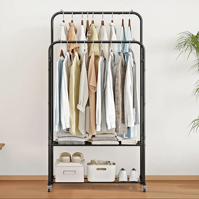 SUOERNUO Clothes Rack with Wheels Garment Rack for Hanging Heavy-Duty Clothing Rack Metal Rolling Clothes Shelves for Bedroom, Closet (Black)