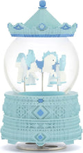 Pixel-Design Carousel Snow Globe Music Box, Compact Decorative Gift for Collectors and Creative Spaces, Light Blue Edition, Plays Toyland Melody