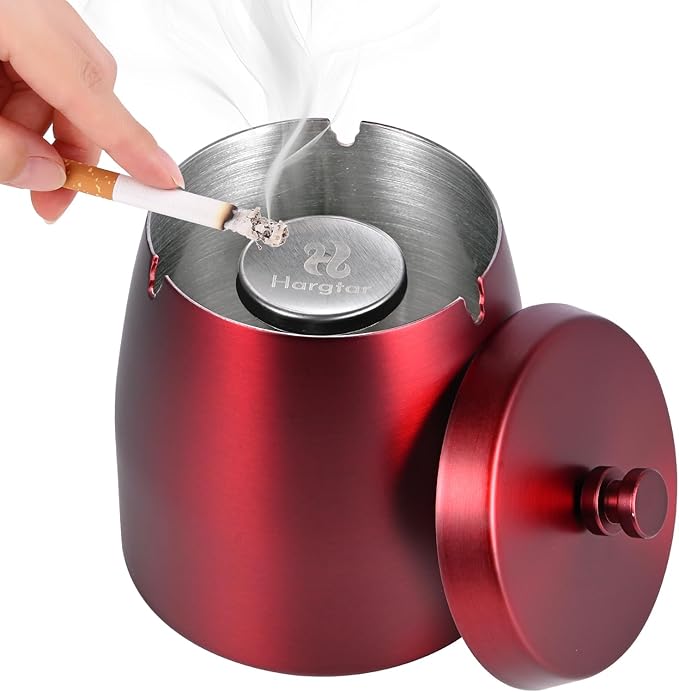 HARTAR Smokeless Ashtrays for Cigarettes Indoor, Ash Tray Sets Outdoor Windproof Cute Home Large Funny Metal Outside Ashtray with Lid for Cigarettes Butt Can for Outside Patio, Red, Small