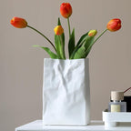 Crinkle Paper Bag Ceramic Vase, 7.8 Inch Square Wide Mouth Pleated Planter, Unique White Matte Vase, Minimalist Boho Pot for Flower Arrangement Table Centerpiece Home Office Bookshelf Decor