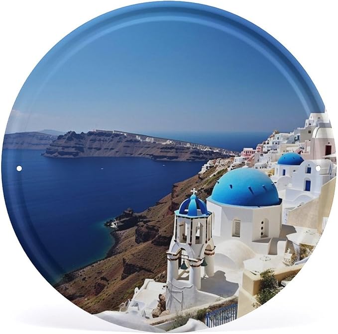 Wall Picture, with Santorini Greek Island Sea View Printed Circular Iron Hanging Picture,Wall Art Decor,Home for Bedroom Living Room Bathroom Decor,Iron Painting 11.8X11.8 in
