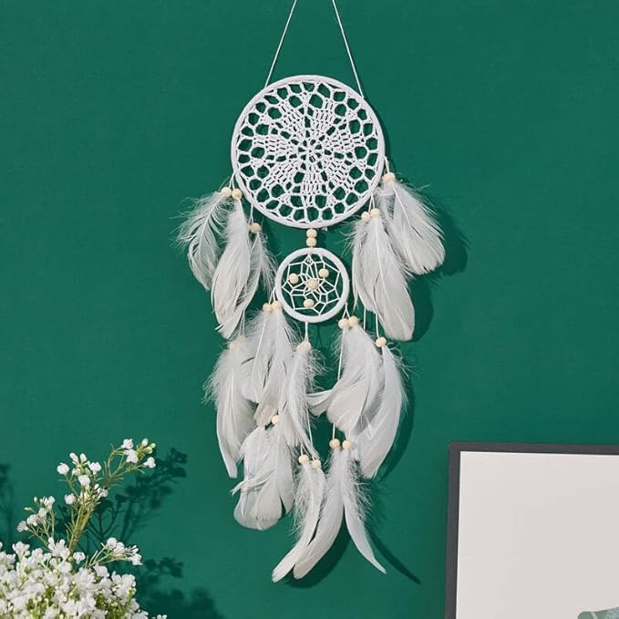 Boho Dream Catcher Wall Hanging Set of 5 Large Moon Dream Catchers with Luxurious Feathers and Beads, Handcrafted Wall Decoration for Bedrooms, Nurseries and Living Rooms (White)