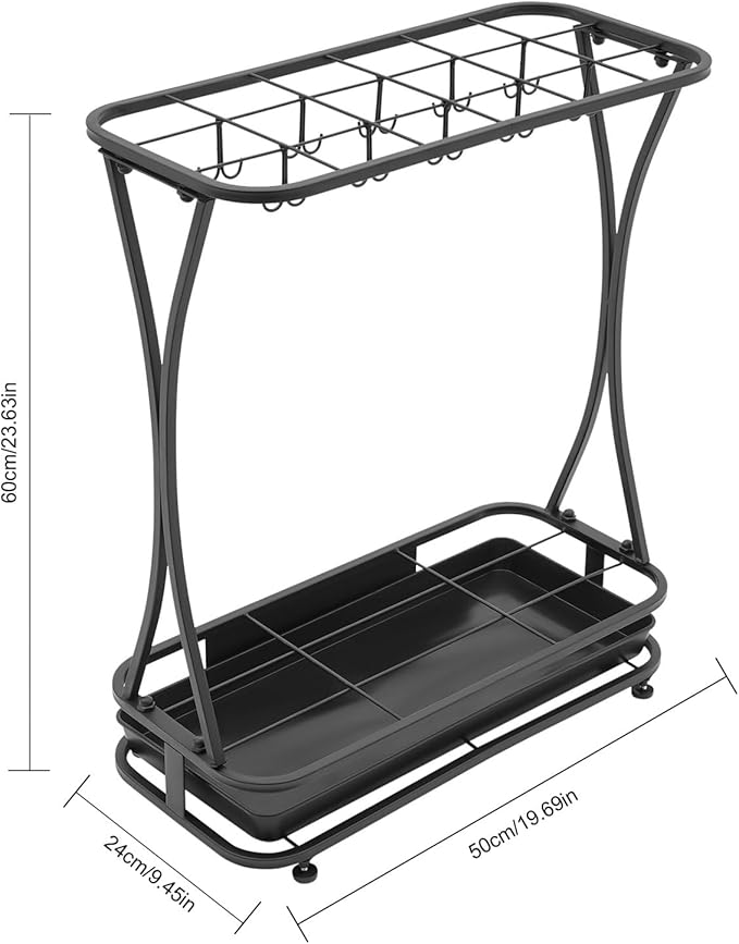 Large Capacity Umbrella Organizer, Industrial Free Standing Umbrella Rack Umbrella Display Rack with Removable Drip Tray, 18 Slots 10 Hooks for Entrance Home Office Patio Decoration, Black