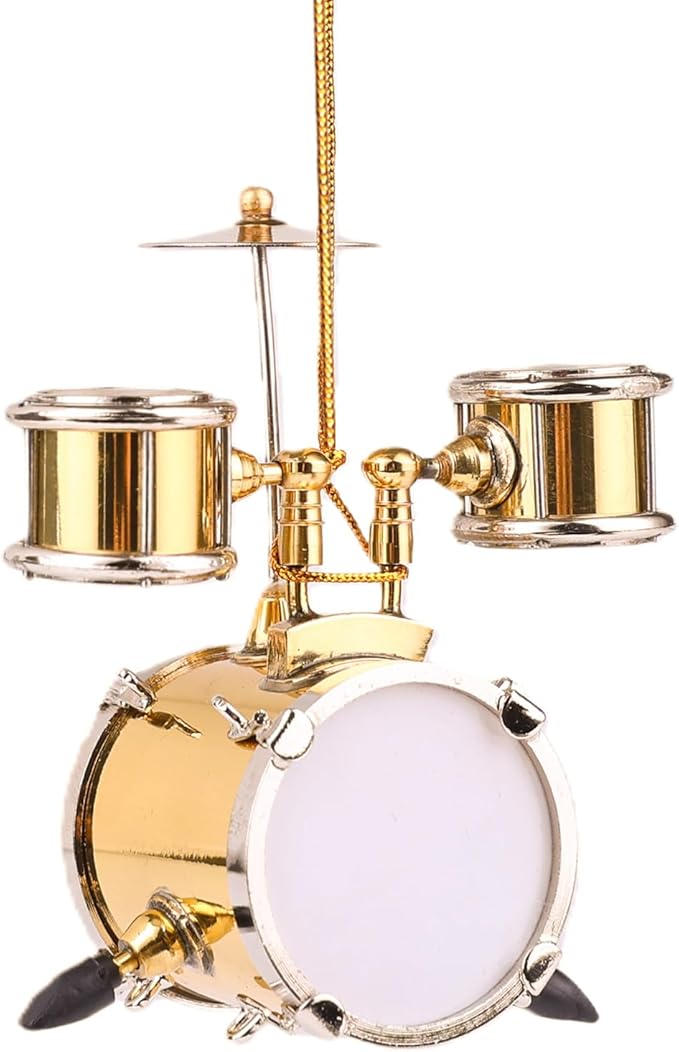 2.99" String Miniature Drum Set Hanging Ornament Brass Mini Musical Instrument Replica Music Birthday Gifts Holiday Tree Home Decoration Display Ornament Model (2.99", Drum)