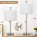 Kondras Table Lamp Set of 2 for Bedroom, Bedside Lamp with 2 USB Ports, 23" to 30" Height Adjustable Tall Table Lamp for Living Room End Tables, Modern Silver Nightstand Lamp with Pull Chain