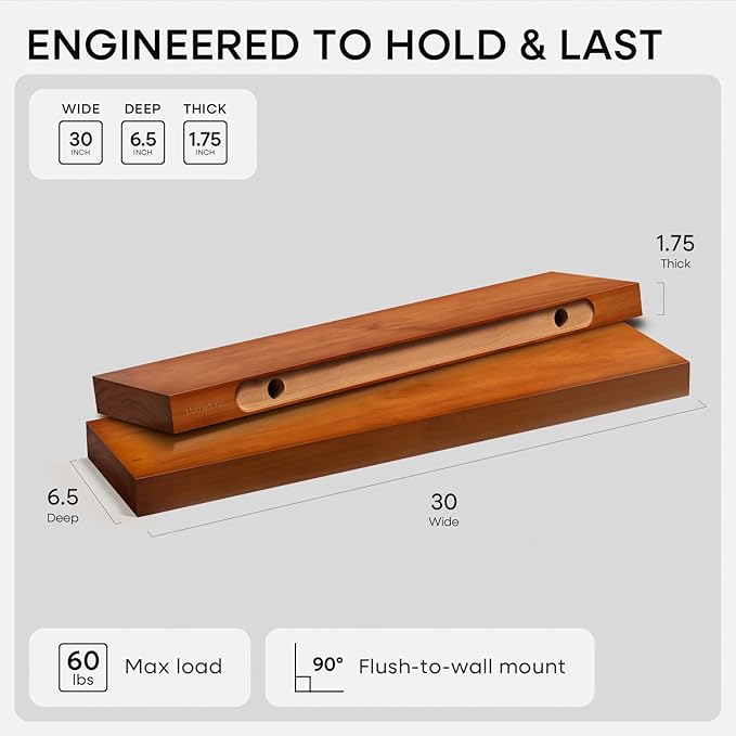 Homeforia Oak Floating Shelves 30 inch Long, High End Solid Real Wood 30inch Floating Shelves for Wall Mounted, Honey Oak Wooden 30in Floating Shelf, Heavy Duty Bracket, 30 X 6.5 X 1.75 in, Set of 4