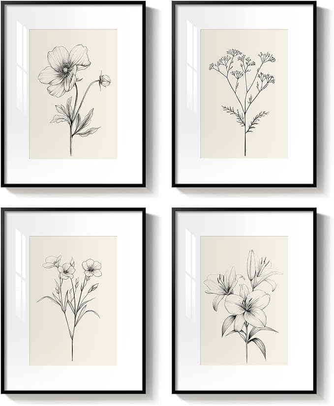 Framed Black and White Floral Wall Art Set, Vintage Minimalist Botanical Prints Artwork for Walls, Neutral Flower Pictures for Modern Farmhouse Bedroom Living Room Bathroom Wall Decor, 12x16 Inch