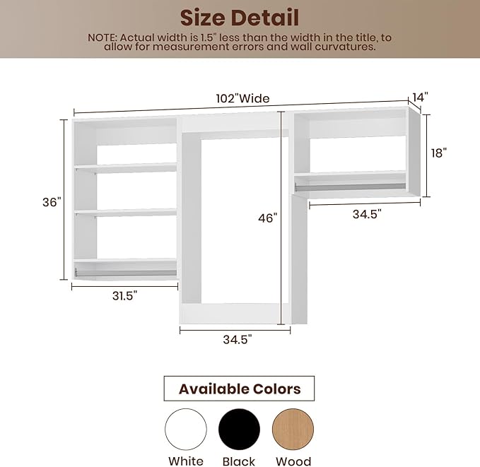 ROOMTEC Modular Closet System, 102" Closet Organizer with Hanging Rods, Wall-Mounted Wooden Tower for Walk-In Closets, Wardrobe Storage Kit, White