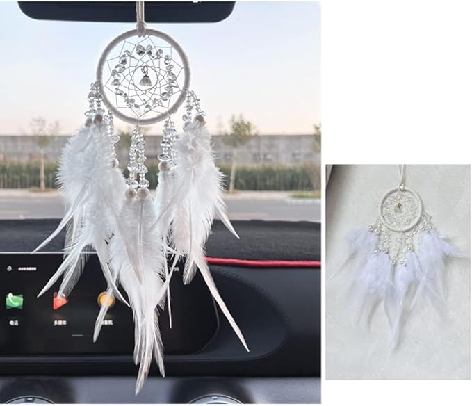 Car Dream Catcher for Rearview Mirror Accessories, Small White Dream Catchers for Car Hanging Ornament for Room Decoration Pendant