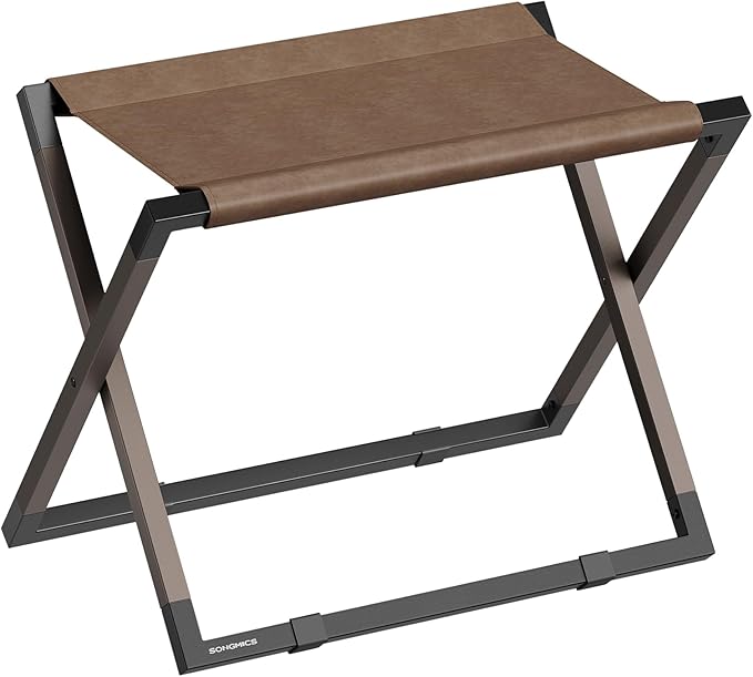 SONGMICS Luggage Rack, Foldable Suitcase Stand, Metal Luggage Holder, Synthetic Leather, Easy to Assemble, for Guest Room, Hotel, Bedroom, Walnut Brown and Ink Black URLR009K01