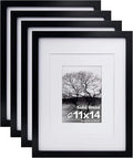 Egofine 11x14 Picture Frames Set of 4, Made of Solid Wood Covered by Plexiglass 5x7 and 8x10 with Mat or 11x14 without Mat, for Table Top Display and Wall Mounting Photo Frame Black