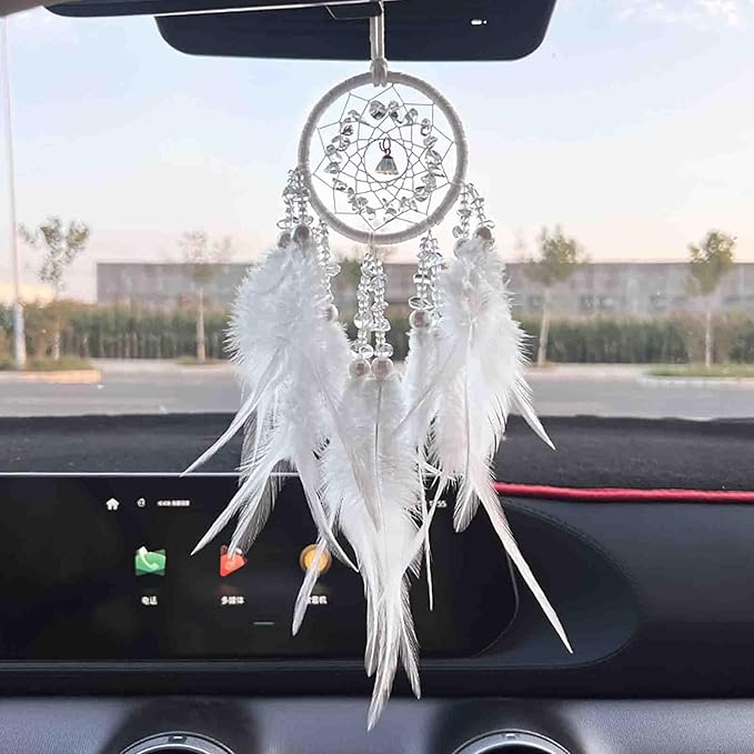 Car Dream Catcher, Rearview Mirror Accessory, Car Charms Ornament, Lucky Ornament Pendant, White