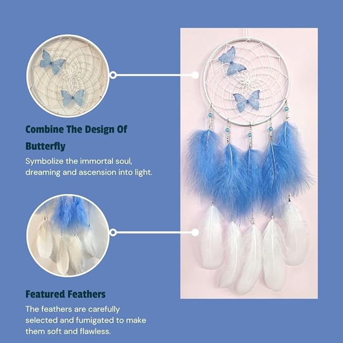 Girls Blue Butterfly Dream Catcher Wall Decor, DreamCatchers Wall Hanging Ornaments for Bedroom Home Decor Festival Gift