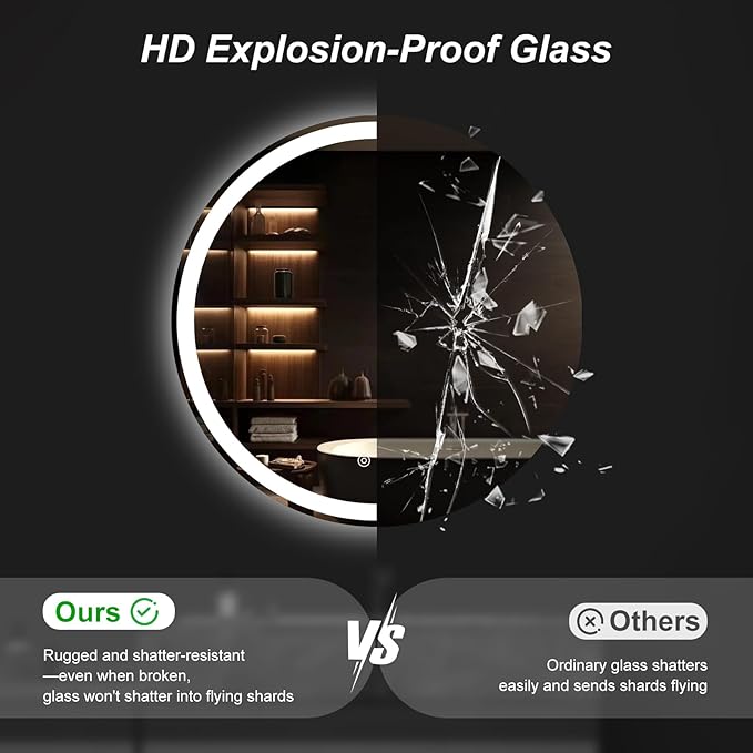 DUMOS 28 Inch Round LED Bathroom Mirror with Lights, Circle Vanity Mirror with Anti-Fog, Dimmable, 3-Color Light, Front Light and Backlit, Memory Function, Tempered Glass