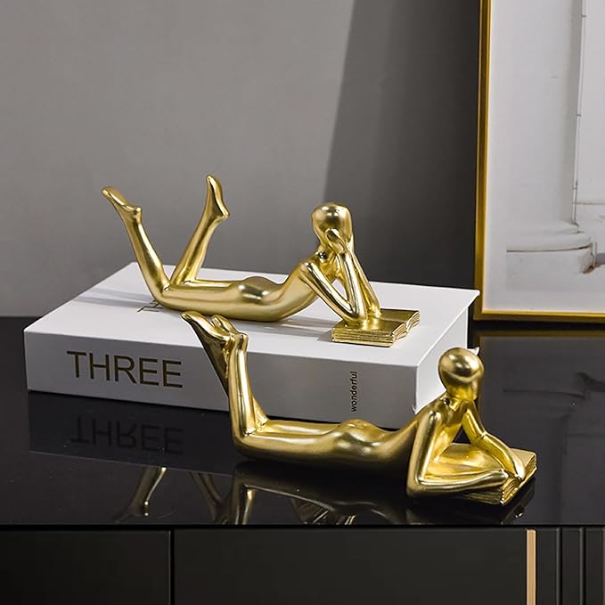 Gold Reading Statue Style A, Abstract Reader Figurine, Resin Book Decor for Bookshelf, Coffee Table, Desk Shelf Decor, Gift for Book Lovers