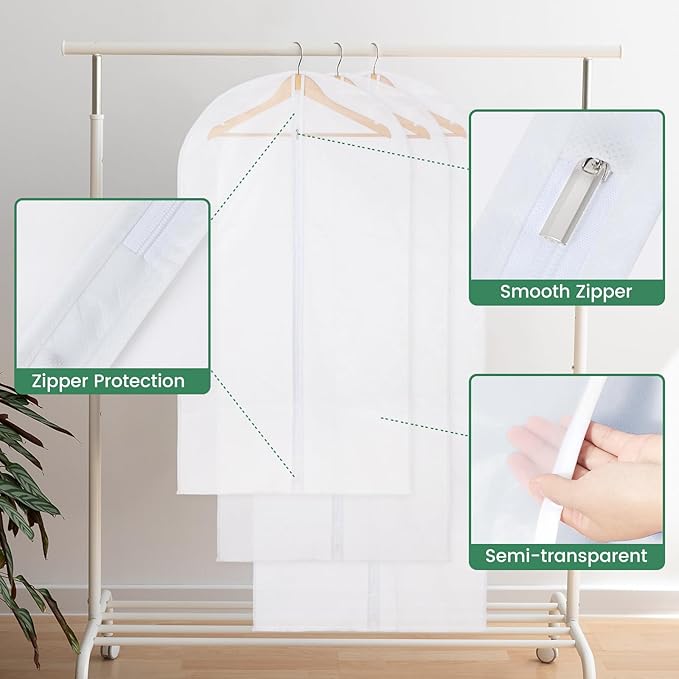Translucent Garment Bags for Hanging Clothes - Frosted Clothes Storage Bags for Suits, Dresses, Closet Storage - 6 Pack