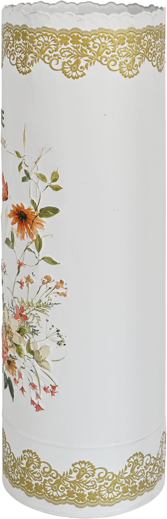 Vintage Metal Round Umbrella Holder Decorative Flower Design Umbrella Stands Entryway Organizer Bucket for Home/Office/Farmhouse - Holds Multiple Umbrellas, Walking Sticks & Canes Flower White
