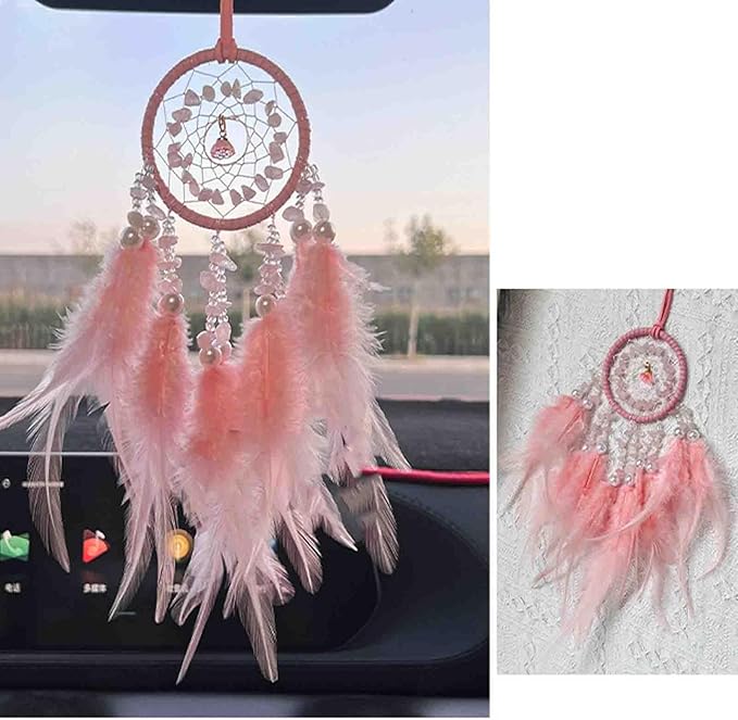 Car Dream Catcher for Rearview Mirror Accessories, Car Mirror Hanging Accessorie, Car Charms Ornament Lucky Ornament Pendant Car Interior Accessorie (Pink)