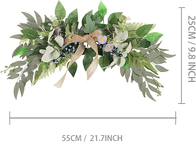 Artificial Flower Swag with Daisies, Berries & Bow, 21.7 Inch Farmhouse Greenery for Wedding, Wall, Door Decor