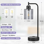 Innqoo Industrial Touch Bedroom Lamps for Bedrooms Set of 2-3-Way Dimmable Table Lamps with USB C+A Ports and Outlet, Bedside Lamps with Gray Glass Shade for Living Room, Desk Lamps for Home Office