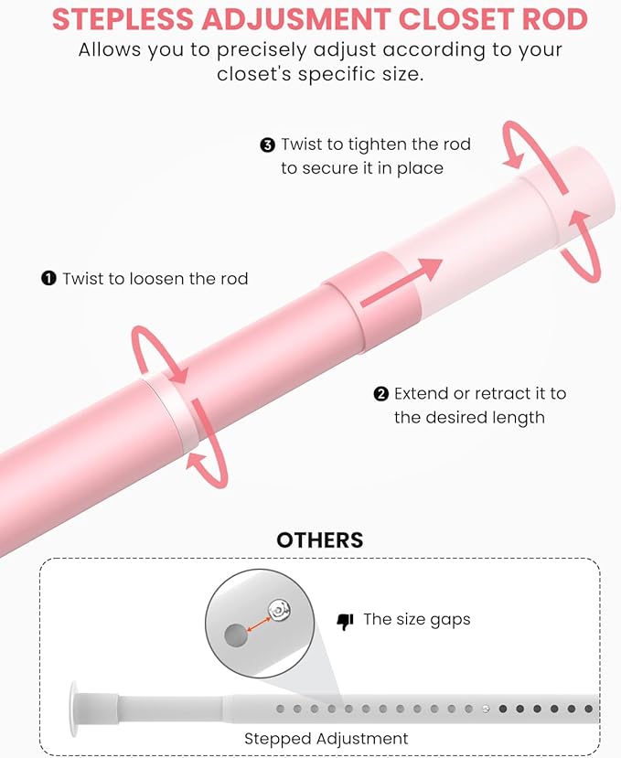 Closet Rods for Hanging Clothes, 17 to 99 Inches Stepless Adjustable Metal Closet Rod, 1.3 Inches Heavy Duty Clothes Hanging Rod for Closet Wardrobes Laundry RV, Pink