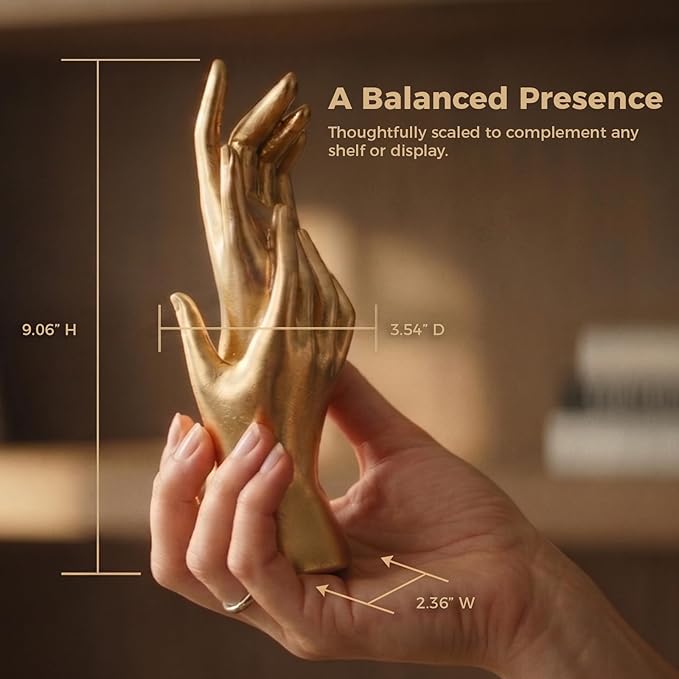 Golden Hands Sculpture - Elegant Resin Statues for Aesthetic Shelf Decor, Office Desktop & Cabinets | 3.54" D x 2.36" W x 9.06" H, Interlocking Hands